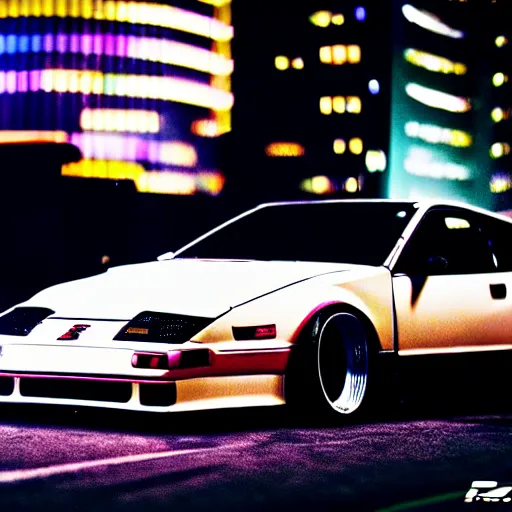 Image similar to a car 300ZX twin turbo drift at illegal car meet, Shibuya prefecture, city midnight mist lights, cinematic lighting, photorealistic, highly detailed wheels, high detail