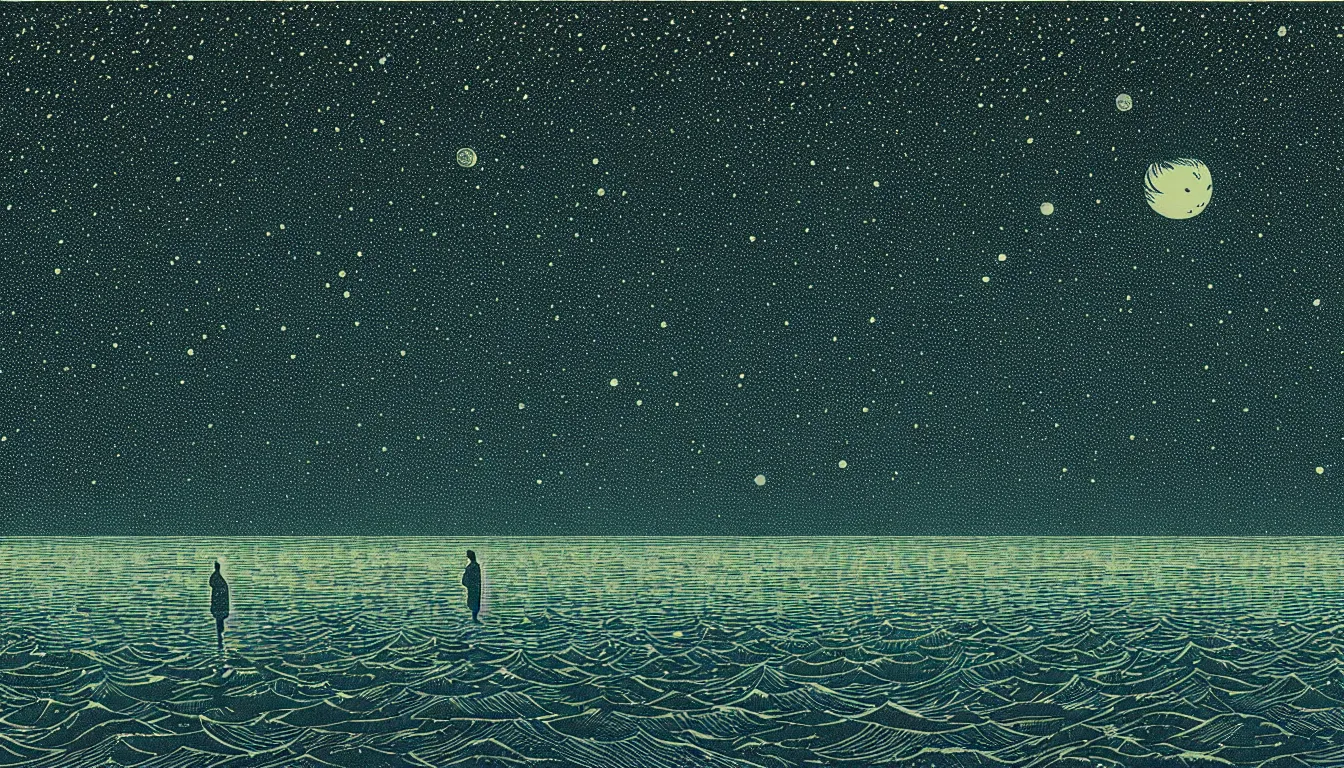 Image similar to standing in a lake looking at reflection of the night sky by woodblock print, nicolas delort, moebius, victo ngai, josan gonzalez, kilian eng