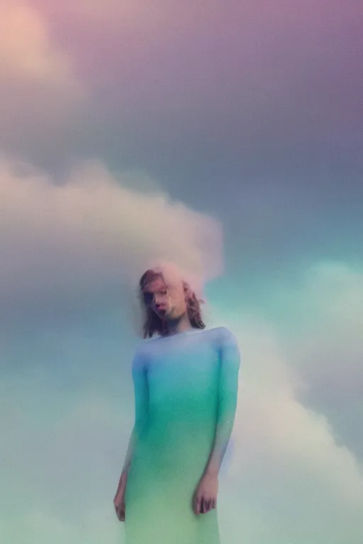 Image similar to high quality pastel coloured film close up wide angle photograph of a model wearing clothing swimming on cloud furniture in a icelandic black rock!! environment in a partially haze filled dreamstate world. three point light, rainbow. photographic production. art directed. pastel colours. volumetric clouds. pastel gradient overlay. waves glitch artefacts. extreme facial clarity. 8 k. filmic.