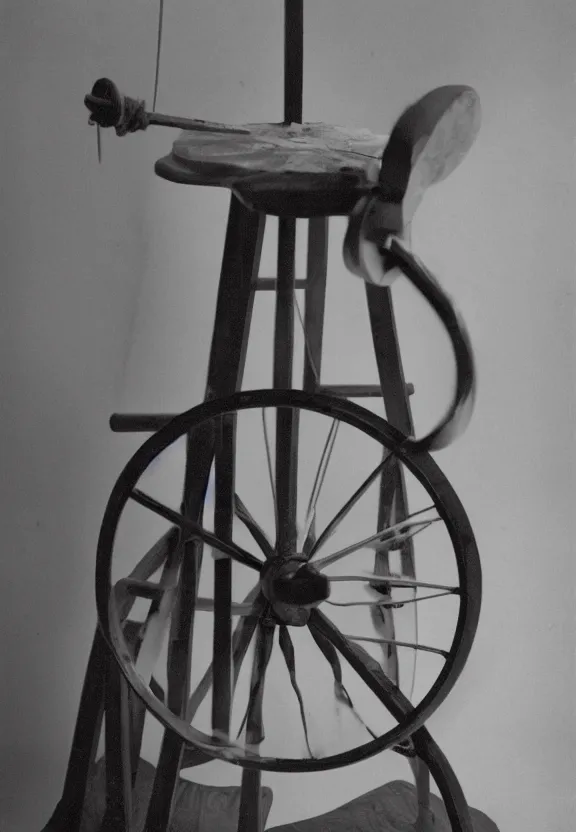 Image similar to a spinning wheel sitting on top of a stool, a surrealist sculpture by marcel duchamp, behance, fluxus, studio portrait, academic art, studio light, grainy 3 5 mm film