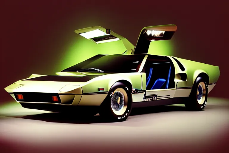 Image similar to designed by john delorean stylized poser of a single 1 9 6 9 fastback mustang ( mk 2 ford gt 4 0 ) delorean, large led lights, ektachrome photograph, volumetric lighting, f 8 aperture, cinematic eastman 5 3 8 4 film