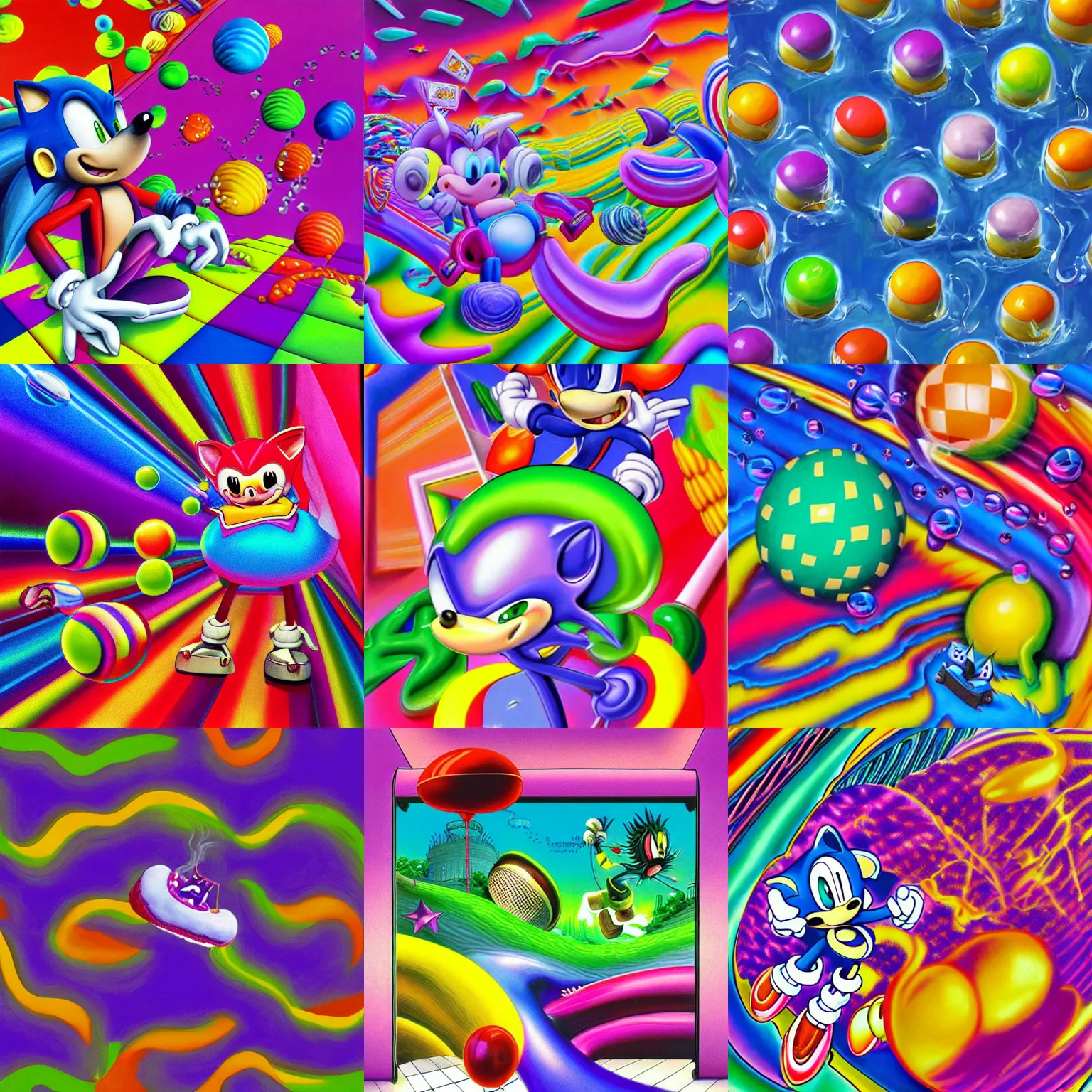 Image similar to surreal, sharp, detailed professional, soft pastels, high quality airbrush art album cover of a liquid bubbles airbrush art lsd taffy dmt sonic the hedgehog dashing through cotton candy, purple checkerboard background, 1 9 9 0 s 1 9 9 2 sega genesis rareware video game album cover