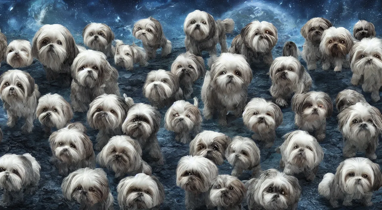 Prompt: A Herd of Shih Tzu Invade, An Lovecraftian Alien Planet