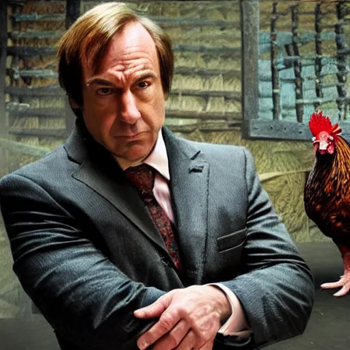 Image similar to saul goodman and a rooster in a medieval torture chamber, saw blades and knives in the background, horror movie, saul goodman, rooster!!!!!, real life photo, detailed face