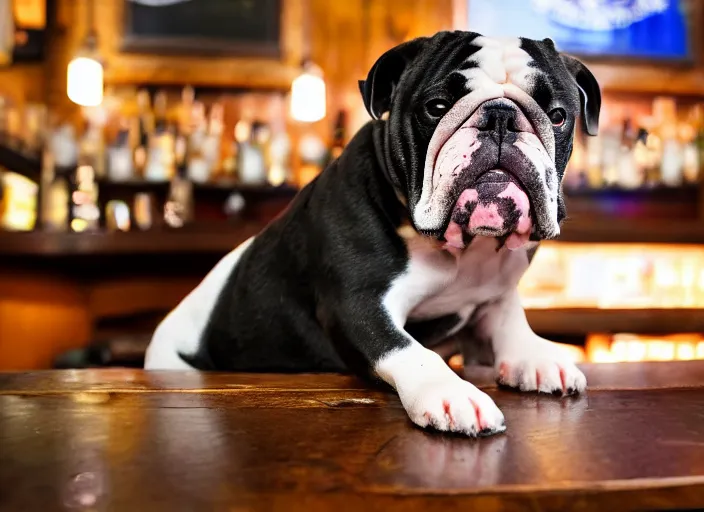 Image similar to a closeup, 4 5 mm, detailed photograph of a english bulldog drinking a beer on a bar - stool, sitting at a bar on a bar - stool, beautiful low light, 4 5 mm, by franz lanting