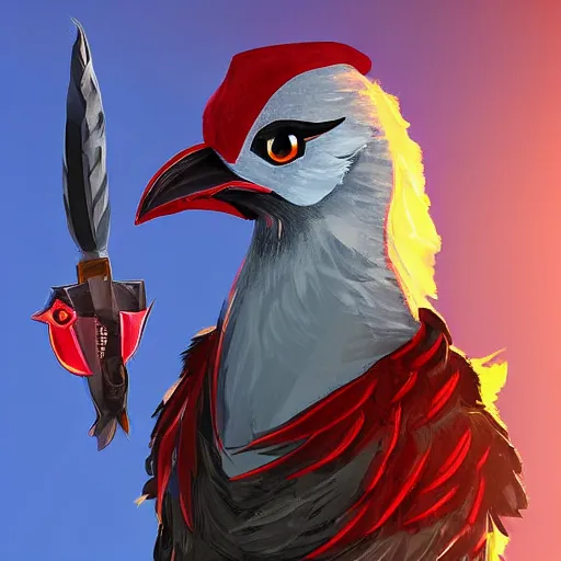 Image similar to avian leader in a army combat uniform created entirely of feathers holding a rapier with a bright red beak medieval theme rito breath of the wild, digital art, cinematic lighting