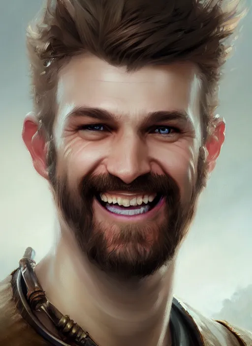 Image similar to a _ fantasy _ style _ portrait _ painting _ of white male short fringe light brown hair short face grinning, rpg dnd oil _ painting _ unreal _ 5 _ daz. _ rpg _ portrait _ extremely _ detailed _ artgerm _ greg _ rutkowski _ greg