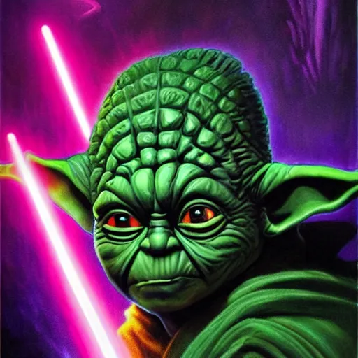 Prompt: portrait of angry eye yoda as a dark sith, overwhelming energy, detailed background by m. w. kaluta + bruce pennington, dark side, neon color, volumetric lighting, colorful vapor, deep dark color, floating molecules, digital painting, oil painting, artwork by ralph mcquarrie + cory loftis + andreas rocha + paul lehr + ian mcque + eddie mendoza