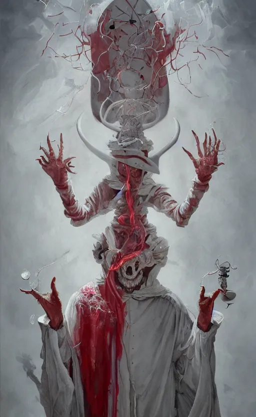 Image similar to a painting of a white robed magician behind a table, hands gesture as above so below, red mantle cup, sword, pentacle, wand, a surrealist painting by marco mazzoni, peter mohrbacher, nychos, cgsociety, neo - figurative, detailed painting, rococo, oil on canvas, seapunk, biomorphic, lovecraftian