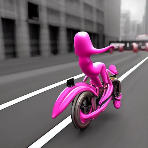 Image similar to hyper realistic, photo, humanoid pink female Squid girl, popping motorcycle wheelie on fast in the rainy city traffic