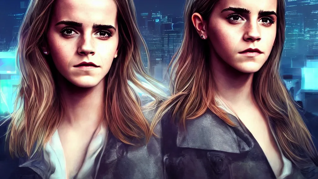 Image similar to Emma Watson, head and shoulders portrait, the background is a huge futuristic city, cyberpunk style futuristic neon lights, artstation cgsociety masterpiece highly-detailed