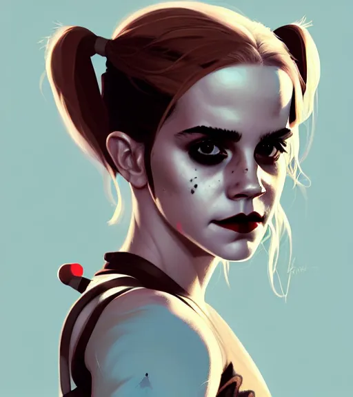 Image similar to portrait of emma watson as harley quinn by atey ghailan, by greg rutkowski, by greg tocchini, by james gilleard, by joe fenton, by kaethe butcher, dynamic lighting, gradient light blue, brown, blonde cream and white color scheme, grunge aesthetic