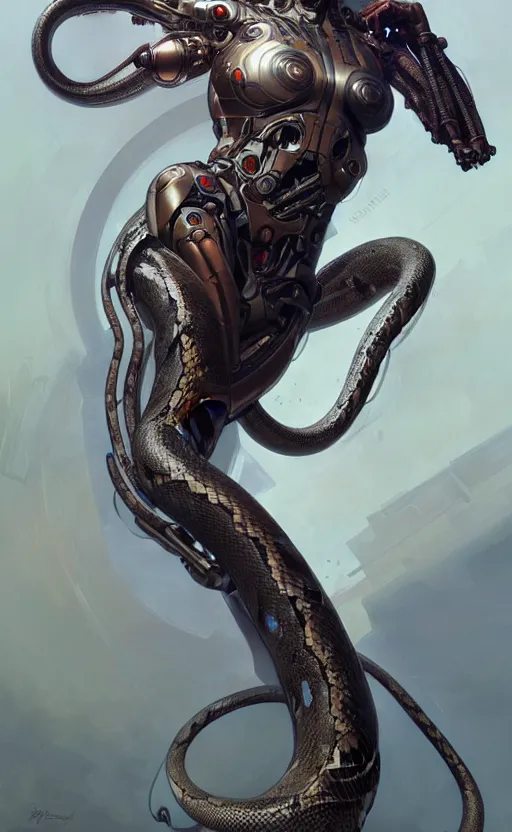 Image similar to Cyborg biomechanical snake, sci-fi, highly detailed, digital painting, artstation, concept art, smooth, sharp focus, illustration, art by artgerm and greg rutkowski and alphonse mucha