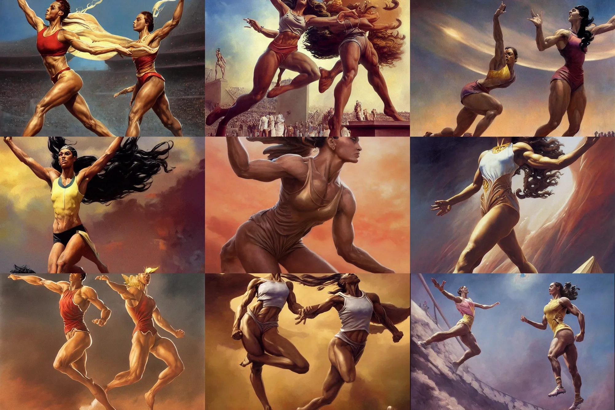 Prompt: A full length portrait of a goddess competing in track and field at the first olympic games, by Boris Vallejo, Greg Rutkowski, Frank Frazetta, epic fantasy character art, very very beautiful, olympus, Exquisite detail, post-processing, masterpiece, cinematic, coliseum