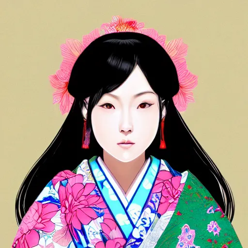 Prompt: centered portrait of beautiful Japanese girl in kimono, hyperdetailed, digital painting, trending on Artstation, anime style coloring
