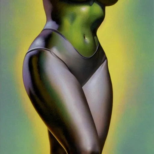 Image similar to beautiful grey alien extraterrestrial species female babe in a tight fitting silver metallic bikini spacesuit, , big pear-shaped head, green skinned, big black almond shaped alien eyes by Mort Kunstler and Gil Elvgren