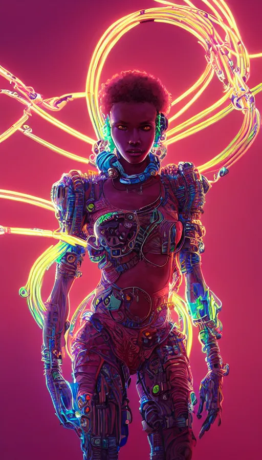 Prompt: zulu cyborg princess,covered in neon wire, insane, intricate, highly detailed, digital painting, artstation, concept art, smooth, sharp focus, illustration, Unreal Engine 5, 8K, art by artgerm and greg rutkowski and alphonse mucha