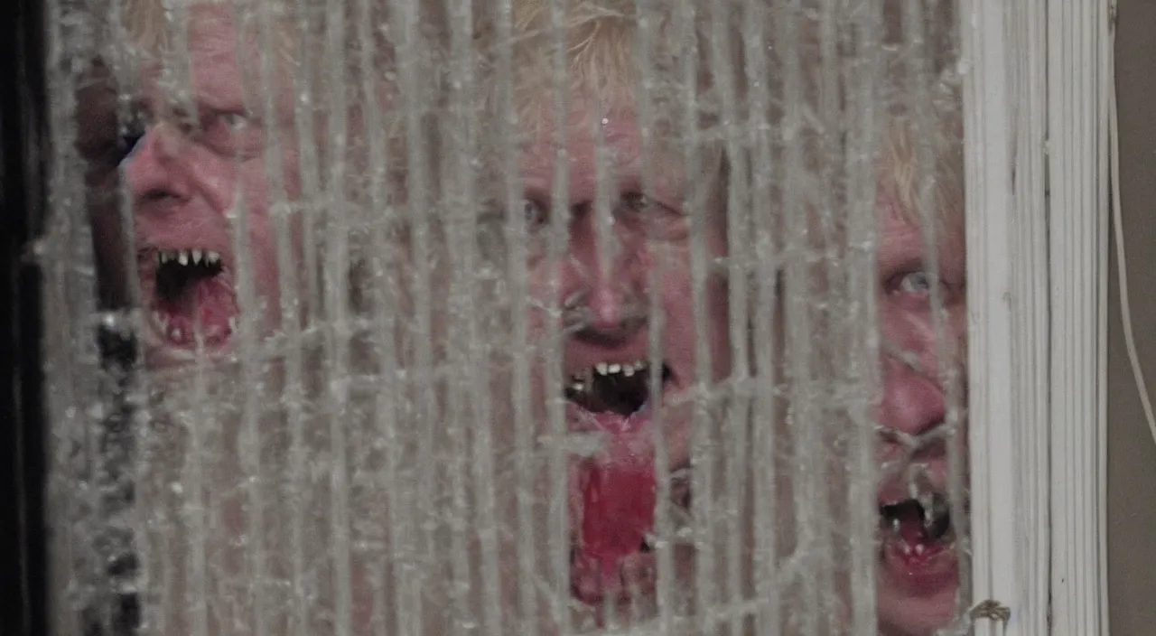 Image similar to a zoomed out photo taken from the inside of an old house, showing window blinds being pulled back to reveal a terrifying boris johnson his unhinged face pressed against the window and his bloody hands placed on the window, horrifying grin. horror, raining, night time