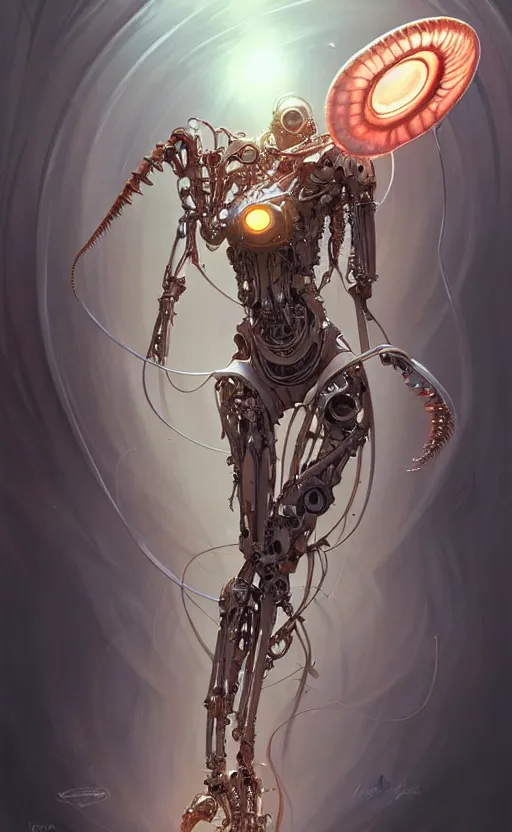 Prompt: Cyborg biomechanical jellyfish mantis, sci-fi, highly detailed, digital painting, artstation, concept art, smooth, sharp focus, illustration, art by artgerm and greg rutkowski and alphonse mucha