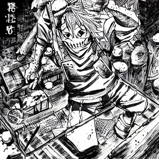 Prompt: goldfish manga drawn in the style of dorohedoro by q hayashida