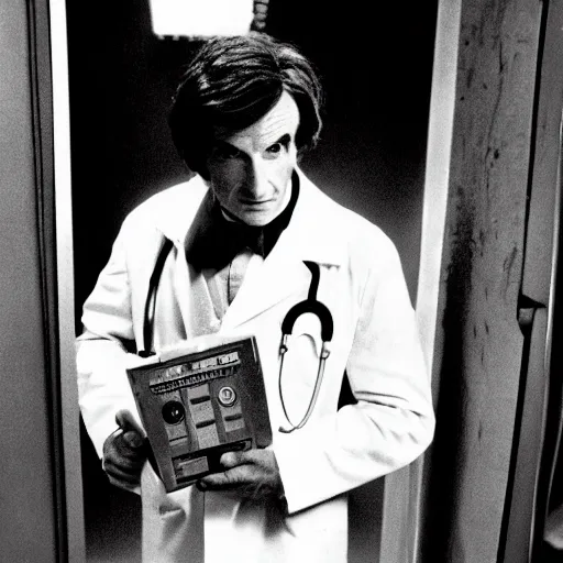 Image similar to a long shot, black & white studio photographic portrait of doctor who, dramatic backlighting, 1 9 7 3 photo from life magazine, technicolor