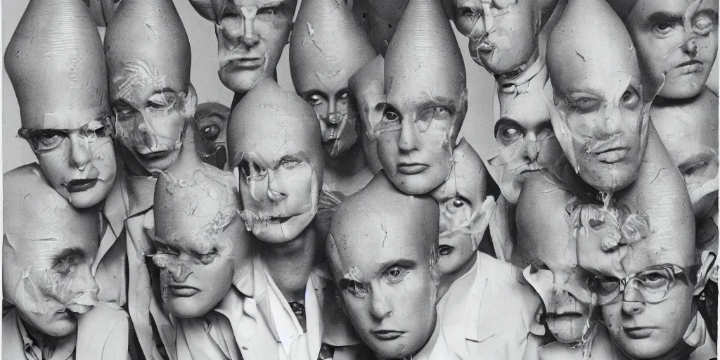 Prompt: polymer prymaat coneheads french band, 1980s surrealism aesthetic, detailed facial expressions