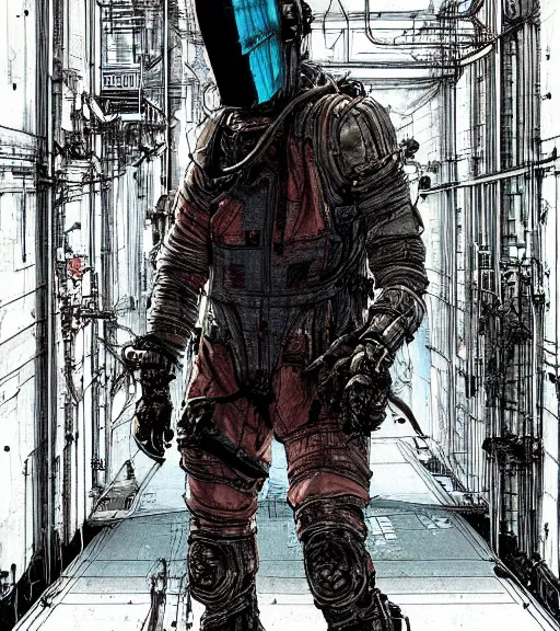 Prompt: realistic cyberpunk engineer with long limbs in a hallway, techwear, dead space, visible face, Industrial Scifi, detailed illustration, character portrait, by Ashley Wood and Moebius