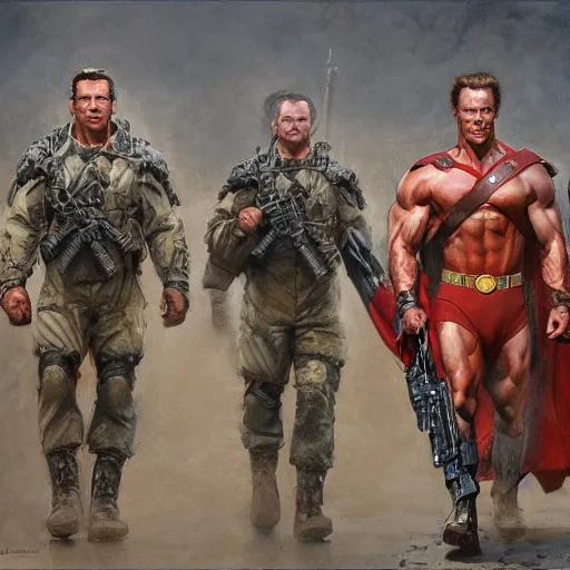 Image similar to Henry Cavill and Arnold Schwarzenegger as soldiers, character art by Donato Giancola, Craig Mullins, digital art, trending on artstation