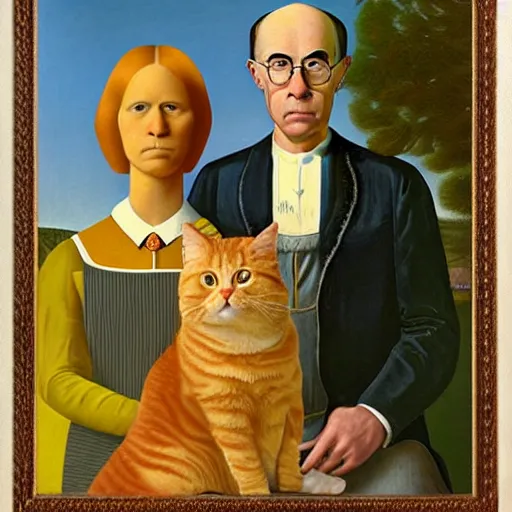 Image similar to fat orange tabby cat next curly haired man, style of american gothic by grant wood