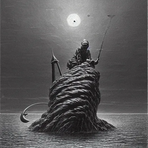 Image similar to retro dark vintage sci-fi, 2D matte illustration, old fisherman fishing, art by Szukalski, Beksinski