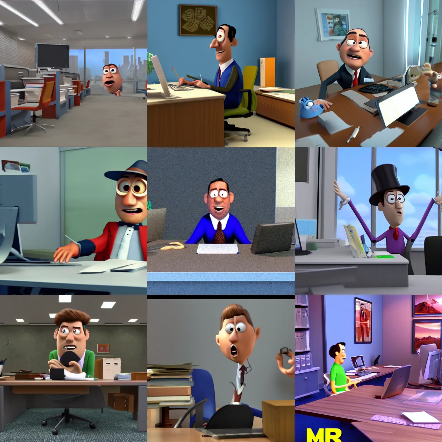 Prompt: mr gone working at the office, bored, pixar movie, 3 d, animated