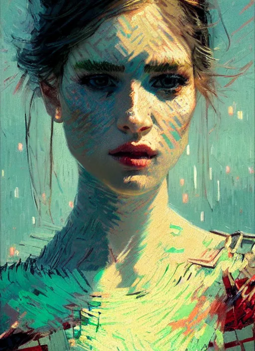 Image similar to portrait of a beautiful girl, new york backdrop, sad, sunset shades, beautiful face, rule of thirds, intricate outfit, spotlight, by greg rutkowski, by jeremy mann, by francoise nielly, by van gogh, digital painting