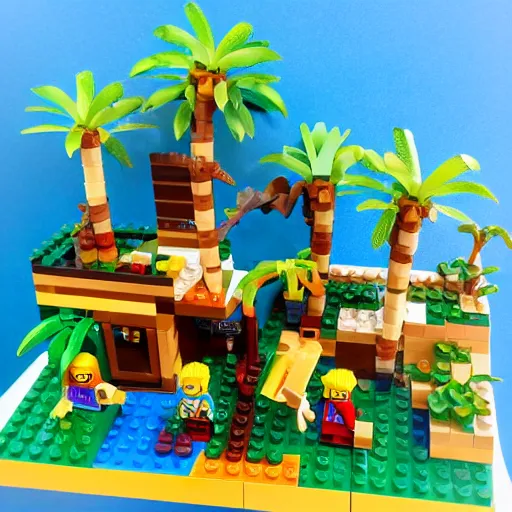 Image similar to lego minifig diorama tropical island palm trees pirates vines monkeys treasure chest god rays