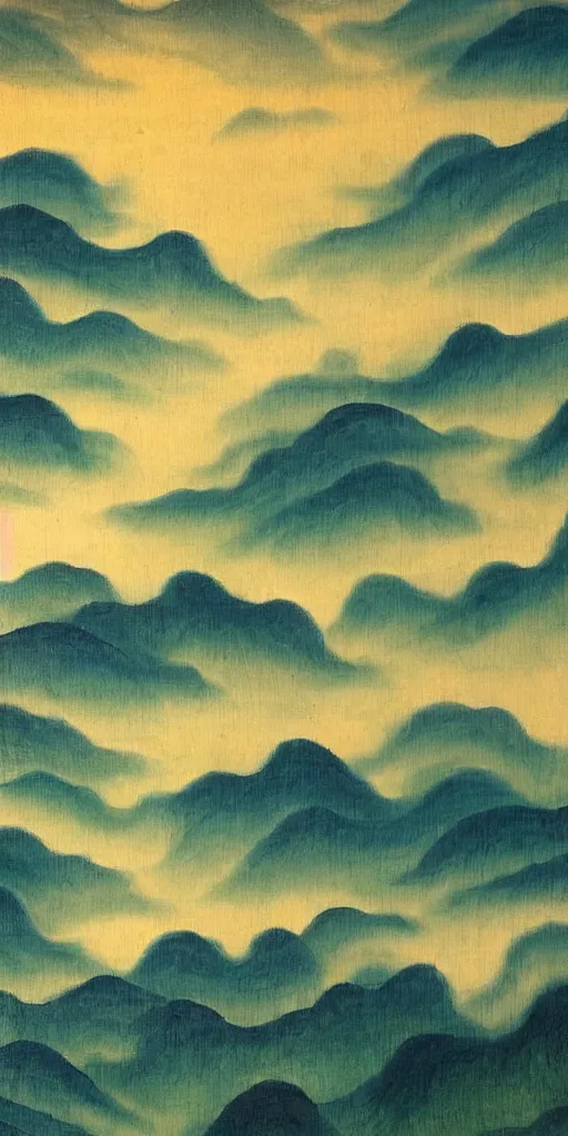 Image similar to chinese shanshui paiting, flowing clouds to the west, brushing across a pool of fresh green, the setting sun is like wearing a brocade cage and white clothes