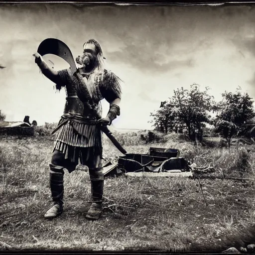 Prompt: viking in war armor working on the flying ancient device, tools and junk on the ground, old village in the distance, vintage old photo, black and white, sepia