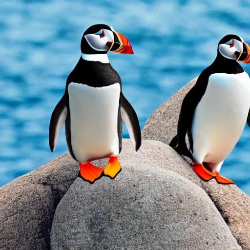 Image similar to puffin and a penguin sitting on a rock