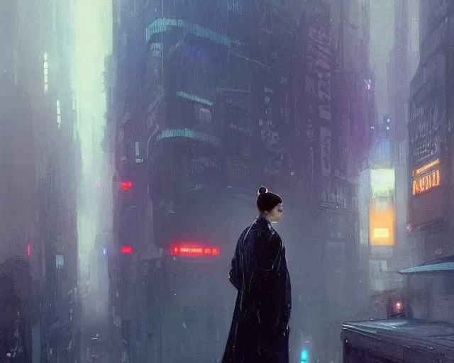 Image similar to 2 0 1 8 blade runner movie still girl look at the cityscape from roof perfect face fine realistic face pretty face neon puffy jacket blue futuristic sci - fi elegant by denis villeneuve tom anders zorn hans dragan bibin thoma greg rutkowski ismail inceoglu illustrated sand storm alphonse mucha