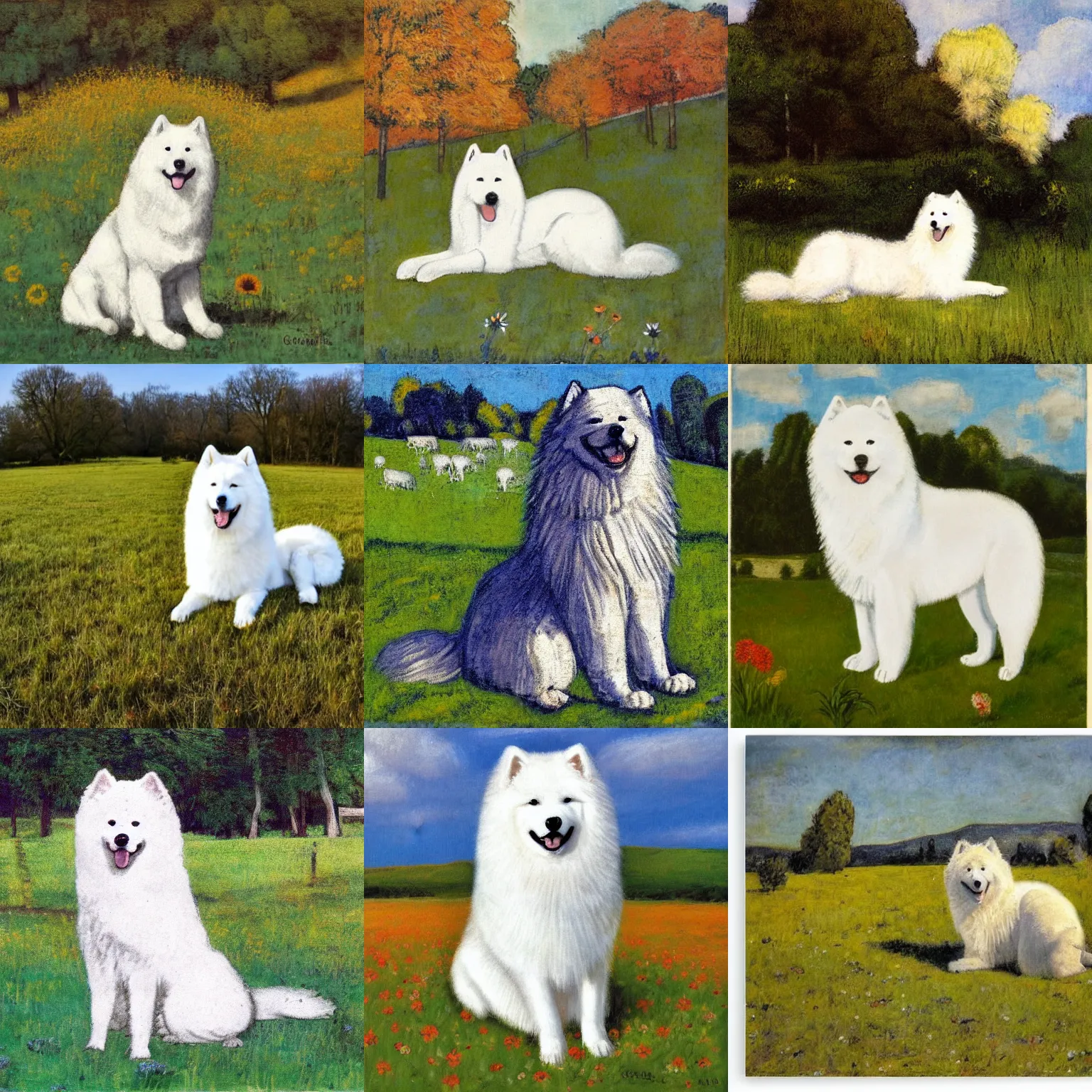Prompt: a samoyed dog sitting in the middle of sunny meadow, by christian rohlfs