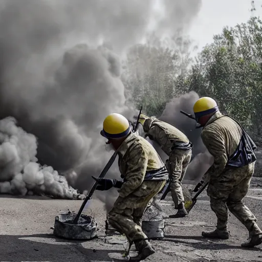 Image similar to minions firing a 8 5 mm mortar, debris and dirt flying, smoke, war photography