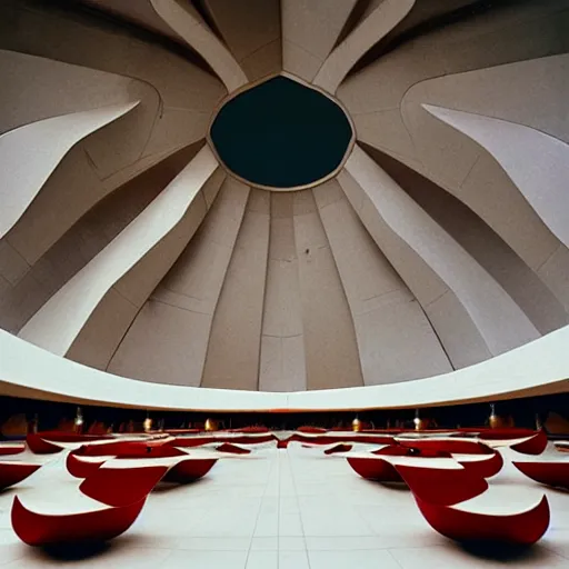 Image similar to futuristic lotus temple space station with gold, red and white marble panels, by buckminster fuller and syd mead, intricate contemporary architecture, photo journalism, photography, cinematic, national geographic photoshoot