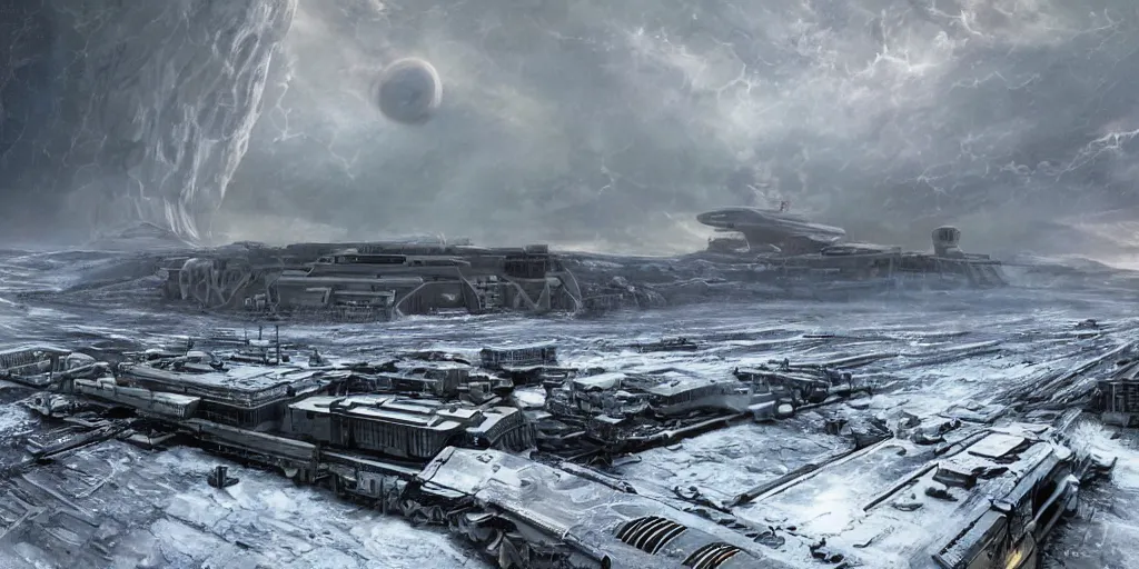 Image similar to hadley's hope base from movie aliens on lv 4 2 6 in the middle of the storm, atmosphere processor in the background, night, photorealistic, highly detailed, wide angle