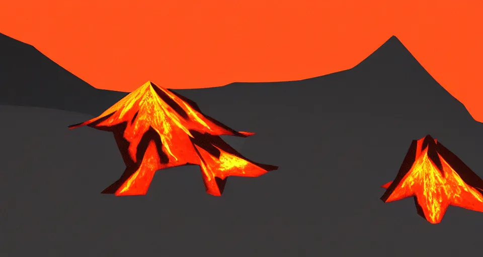 Image similar to low poly unity render of a volcano with glowing orange lava rolling down the side of it, low lighting