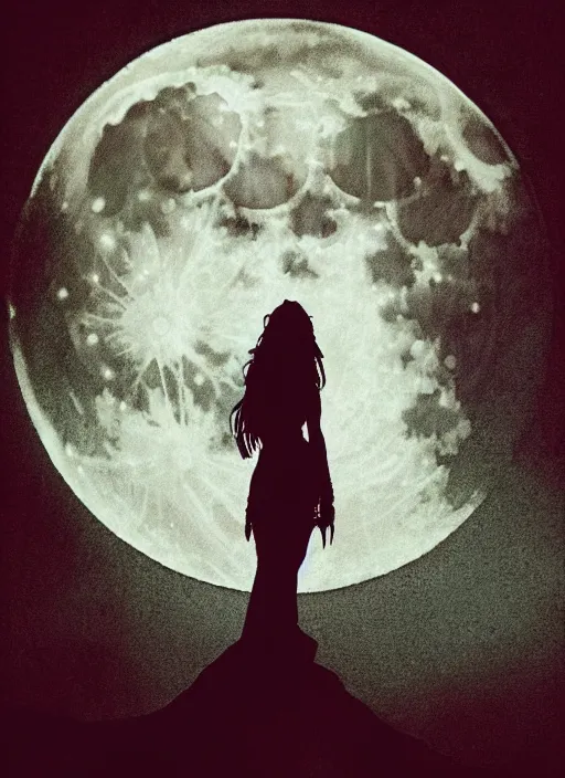 Image similar to portrait, silhouette of a witch in front of the full big moon, book cover, dramatic lighting, cinematic, establishing shot, extremly high detail, foto realistic, cinematic lighting, pen and ink, intricate line drawings, by Yoshitaka Amano, Ruan Jia, Kentaro Miura, Artgerm, post processed, concept art, artstation, matte painting, style by eddie mendoza, raphael lacoste, alex ross