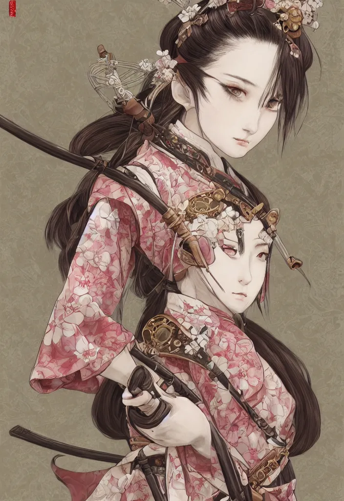 Image similar to detailed portrait of steampunk girl samurai with tachi and cross bow combat pose in snow forest sakura cherry blossom swan hakama kimono trending on artstation elite, elegant, luxury, by krenz cushart junji ito, perfect face, fine details, realistic shaded, fine - face, pretty face