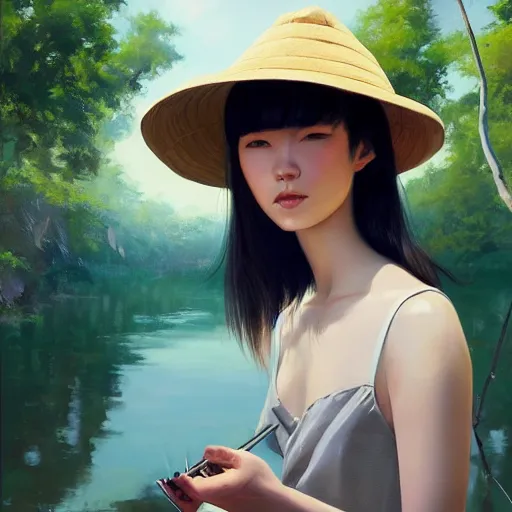 Image similar to oil painting by ilya kuvshinov,, baugh casey, artgerm craig mullins, coby whitmore, of a youthful japanese girl, long hair, fisherman's hat, highly detailed, breathtaking face, studio photography, noon, intense bounced light, water reflection, large tree casting shadow, serine intense sunlight