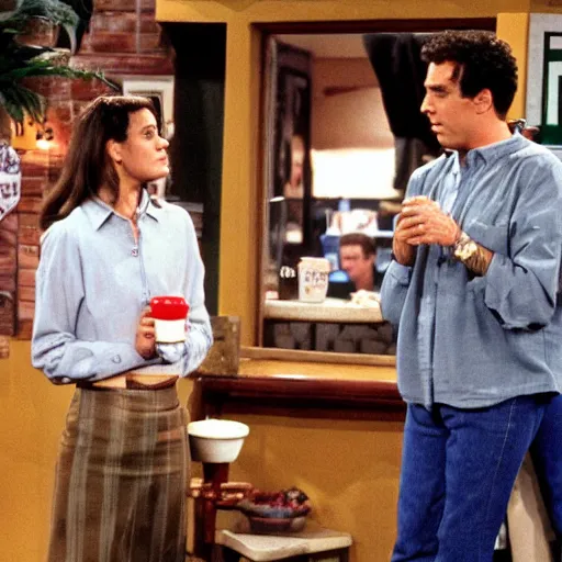 Image similar to Seinfeld and George invite Ross and Rachel at the coffee but they argue over the bill