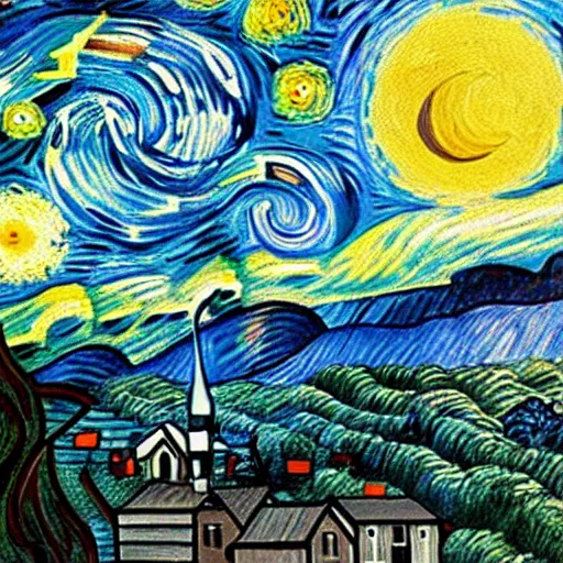 Image similar to van goh a starry night with kittens staring at the moon