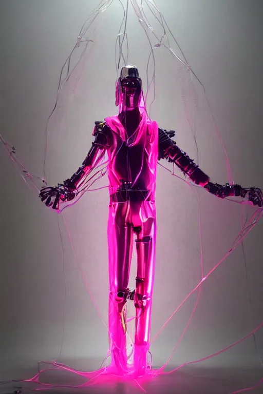 Image similar to full-body baroque and bladerunner style pink neon and chrome statue of a muscular handsome pale priest robot god humanoid wearing a see-through silk cloak sim roupa, posing like a falling model, suspended from the ceiling with wire cables, glowing peach face, street hoody of red steampunk lasers, emeralds, swirling silver silk fabric. futuristic elements. oozing glowing liquid, full-length view. space robots. human skulls. throne made of bones, intricate artwork by caravaggio. Trending on artstation, octane render, cinematic lighting from the right, hyper realism, octane render, 8k, depth of field, 3D