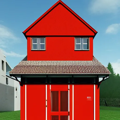 Image similar to a modern half - timbered house with a red door and windows, a digital rendering by schelte a bolswert, featured on polycount, de stijl, reimagined by industrial light and magic, angular, symmetrical