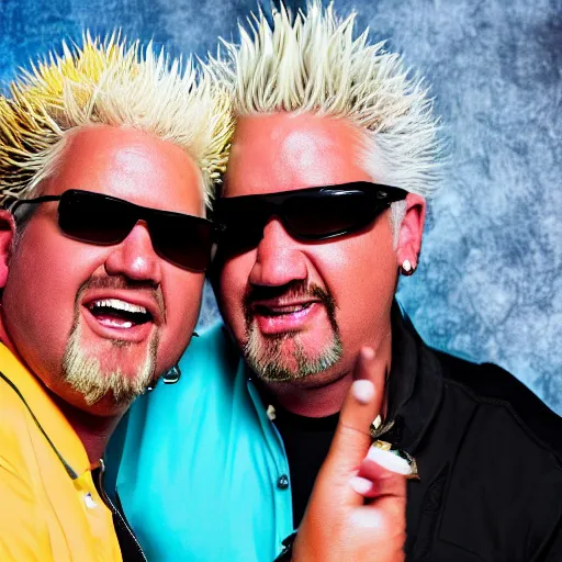 Prompt: a photo of guy fieri kissing guy fieri on their honeymoon, 4 k detail, portrait